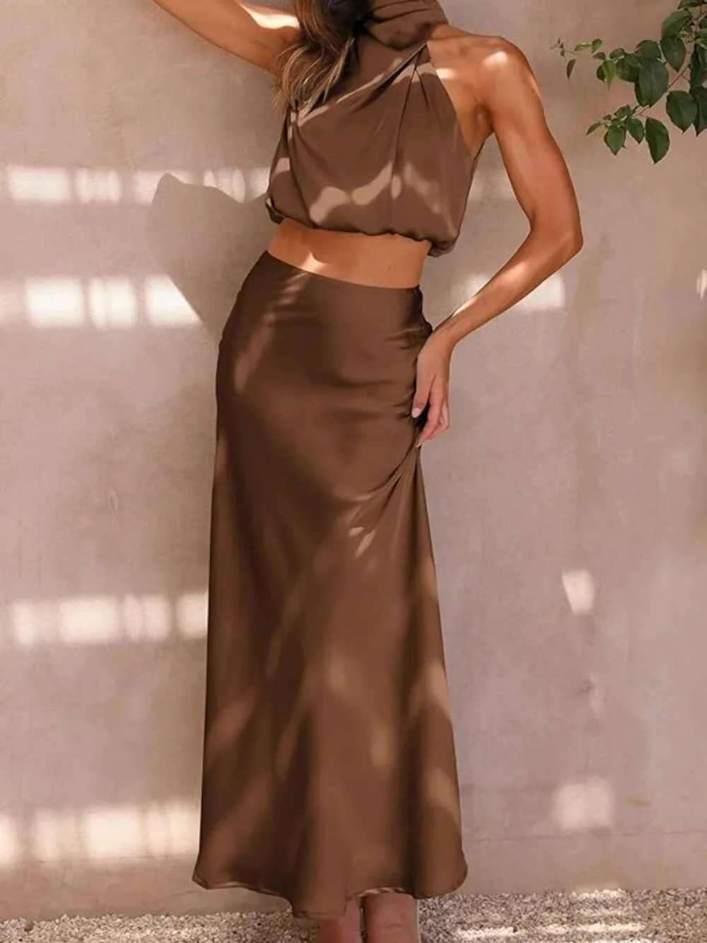 🤎 NWT Satin 2 Piece Skirt Set | Size L | Mock Neck Crop Top + Maxi Skirt - Picture 6 of 6